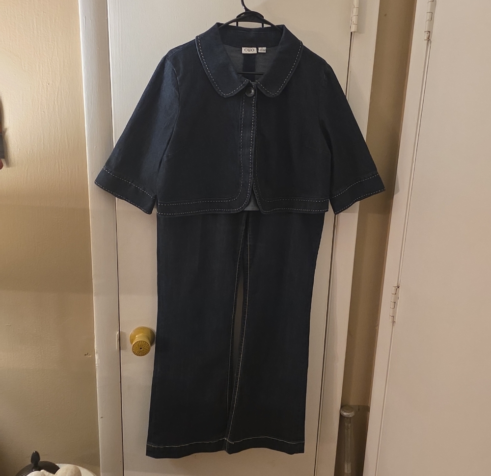 Cato Dark Blue Dvenim Two-Piece Jacket and Wide Leg Pants Set